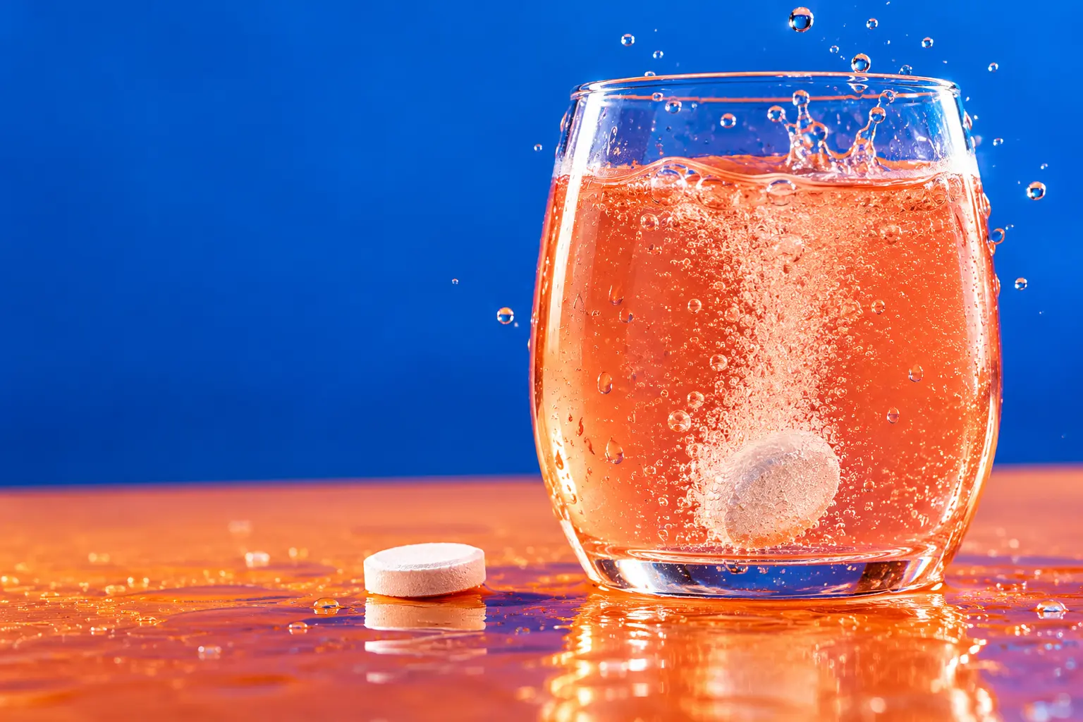 Concept photograph of a white effervescent tablet fizzing in a bright coral drink inside a clear glass