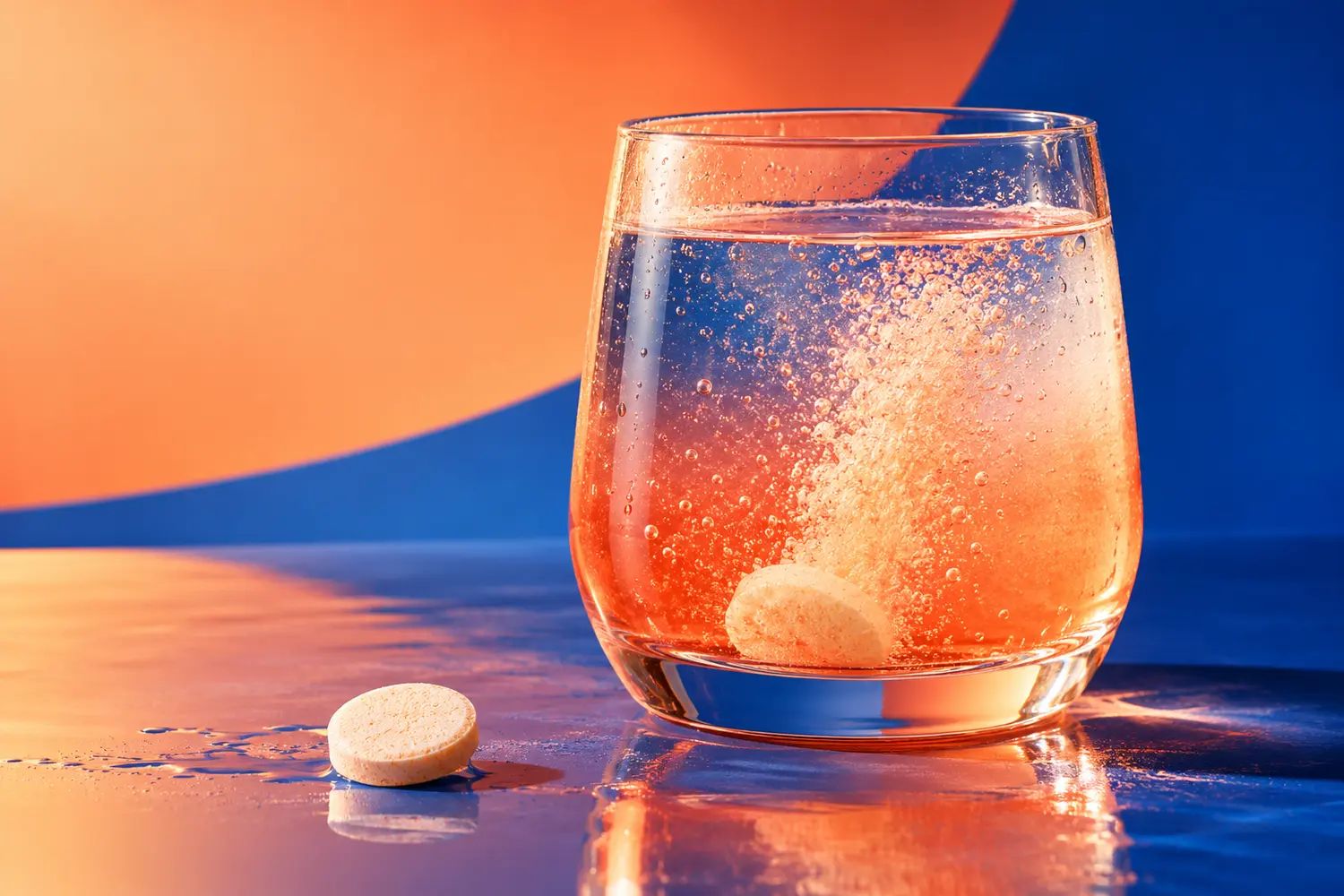 A single tablet beside a clear glass, ready to be dropped into water
