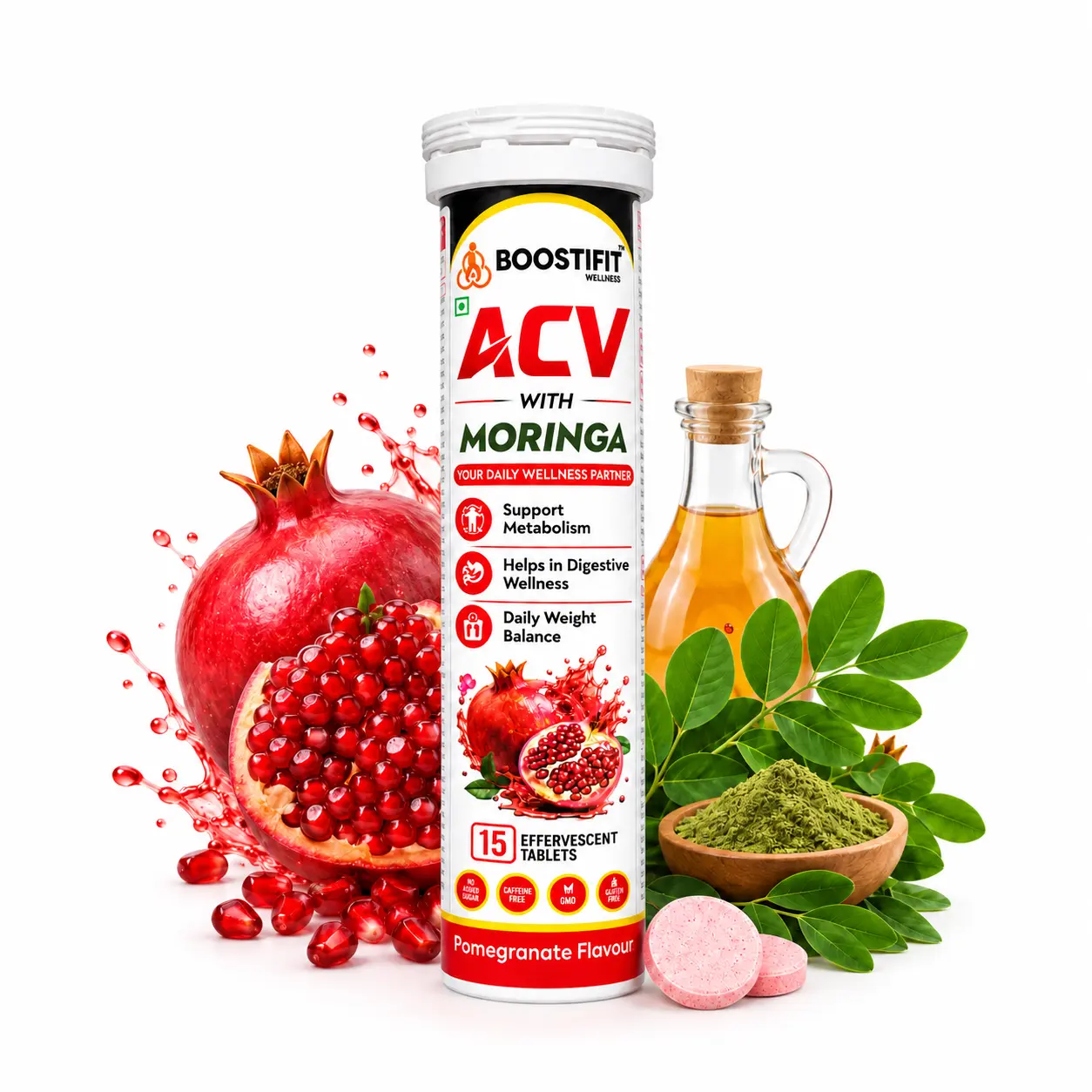 BOOSTIFIT WELLNESS ACV With MORINGA, Pomegranate Flavour, Boostifit effervescent tablet tube