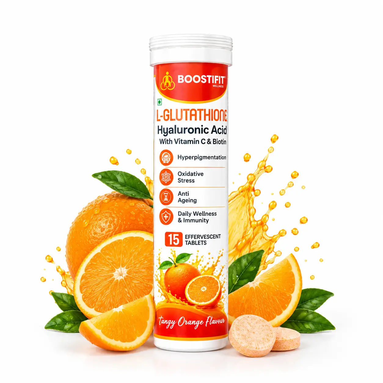 BOOSTIFIT WELLNESS L-Glutathione Hyaluronic Acid with Vitamin-C & Biotin, Tangy Orange Flavour, Boostifit product tube with orange