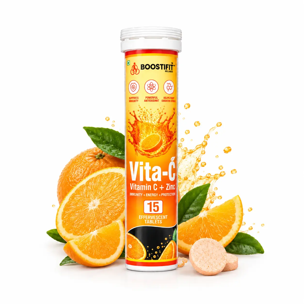 BOOSTIFIT WELLNESS VITA-C Vitamin C + Zinc, Zesty Orange Flavour, Boostifit effervescent tablet tube