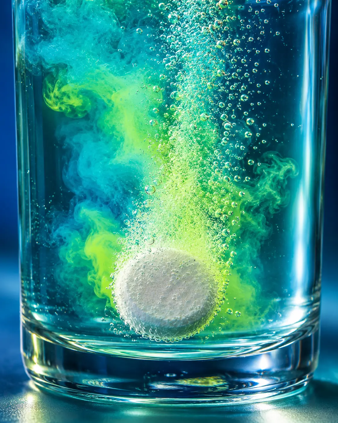 A tablet dissolves into colorful water as fine bubbles rise